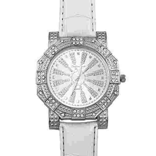 Unisex HIP HOP Silvertone Rhodium/White Rhinestone Watch-2 1/8" White Leather