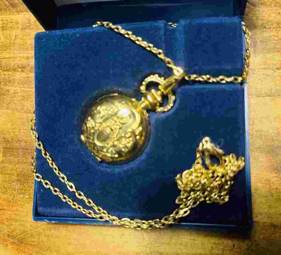 Gold Tone Pocket Watch With Chain By Park Lane 26mm Case, 72cm Necklace Chain