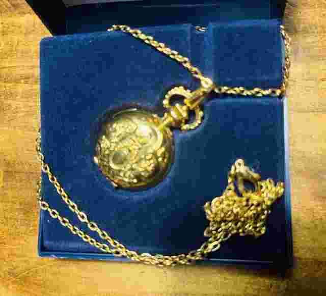 Gold Tone Pocket Watch With Chain By Park Lane 26mm Case, 72cm Necklace Chain