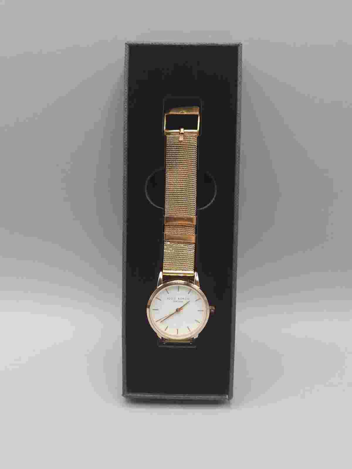 Eddie Borgo New York Quartz Strawberry Gold Tone Mesh Bracelet Watch With Box