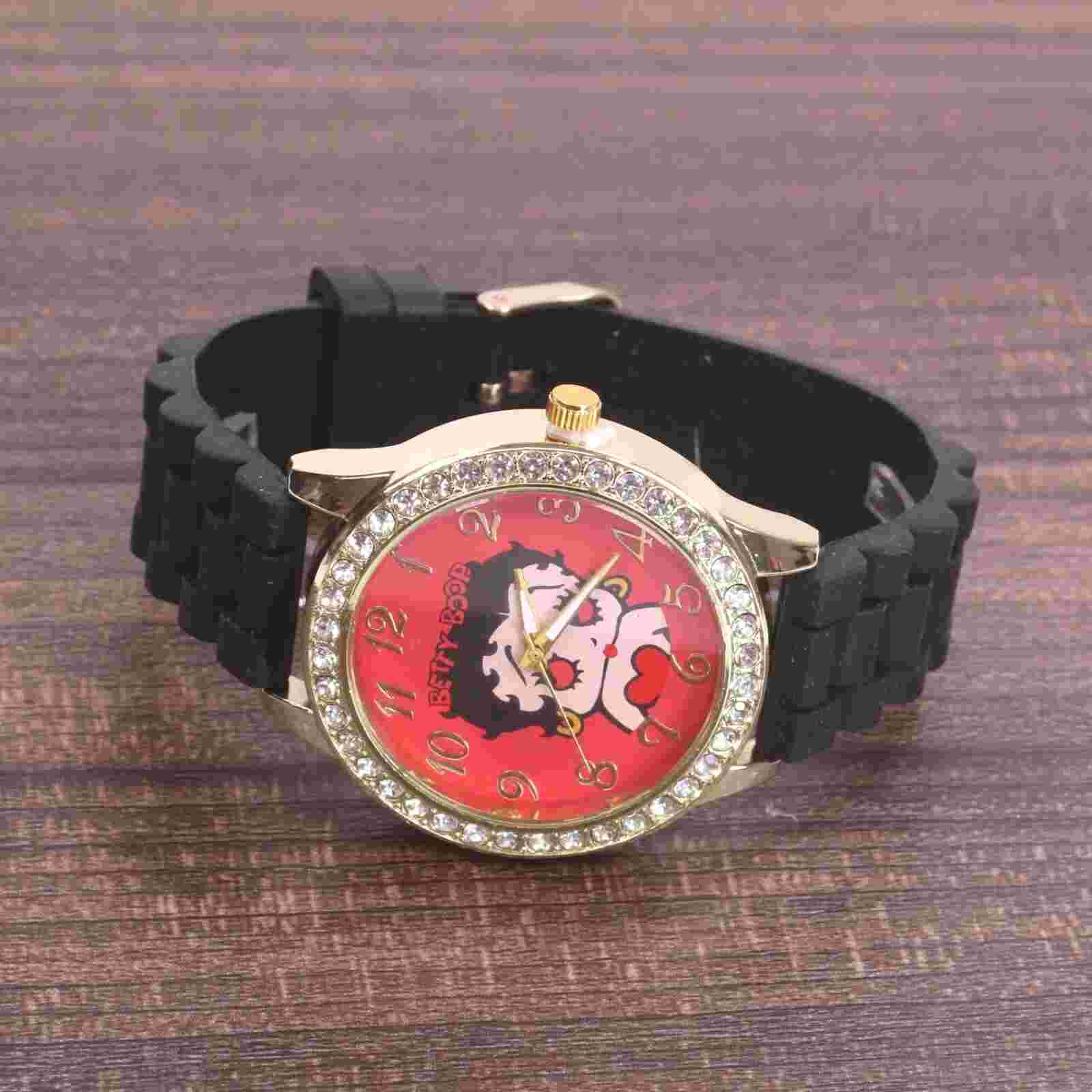 Betty Boop Women's Gold Finish Analog Wristwatch Black Silicone Band