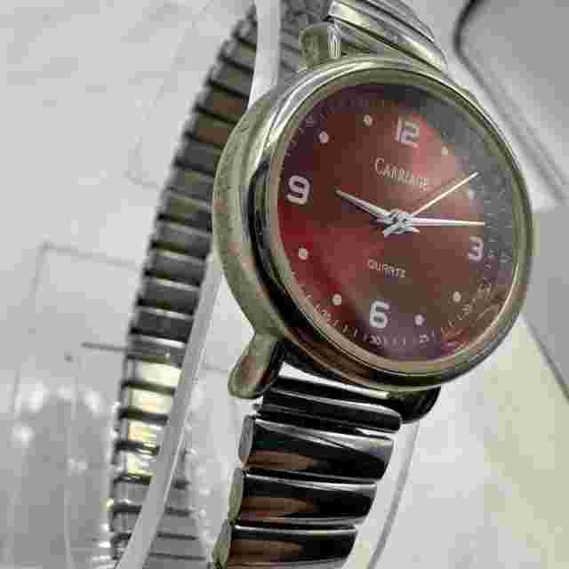 Carriage by Timex Womens Red Oval Dial Watch, Silver Tone, New Battery, Sz 6.5"