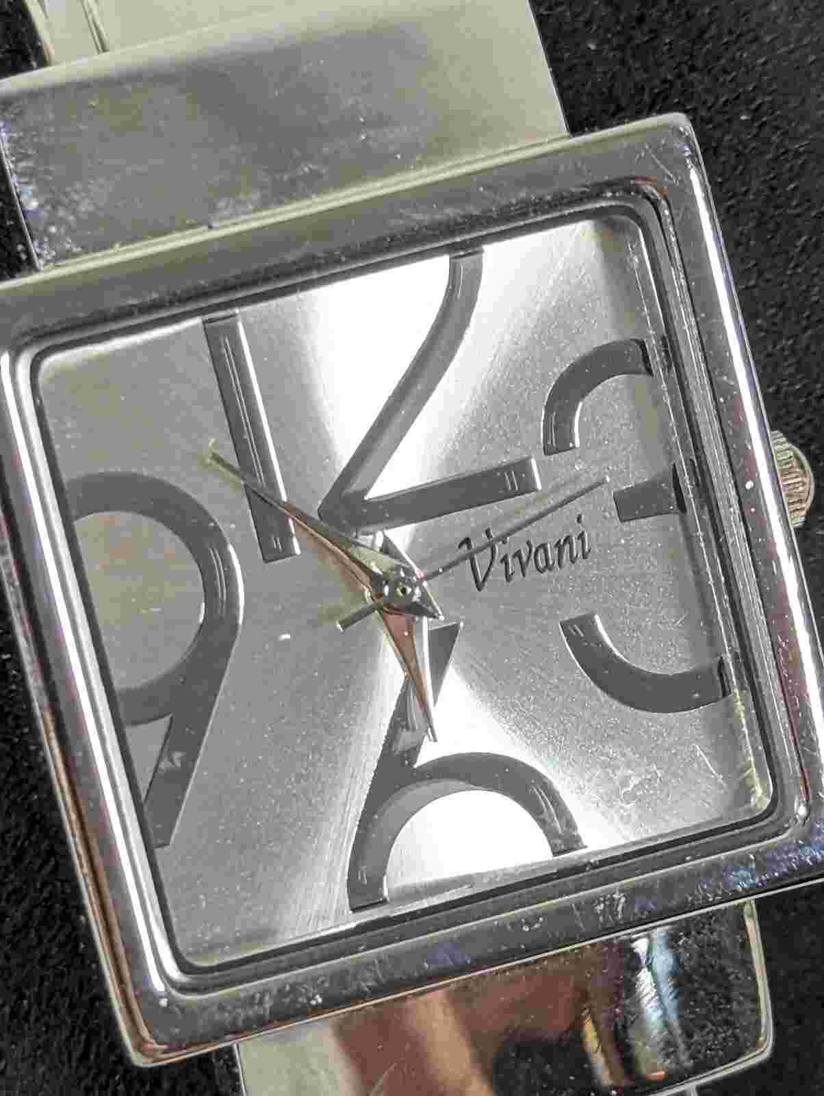 Vivani Silver Tone Dial Rectangle Case Hinge Open Cuff Bracelet Band Watch