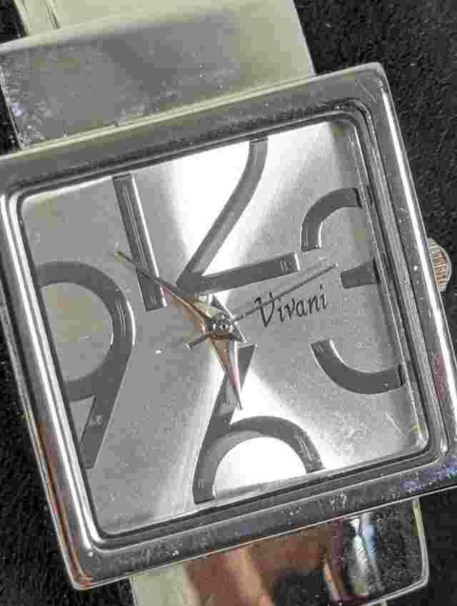 Vivani Silver Tone Dial Rectangle Case Hinge Open Cuff Bracelet Band Watch