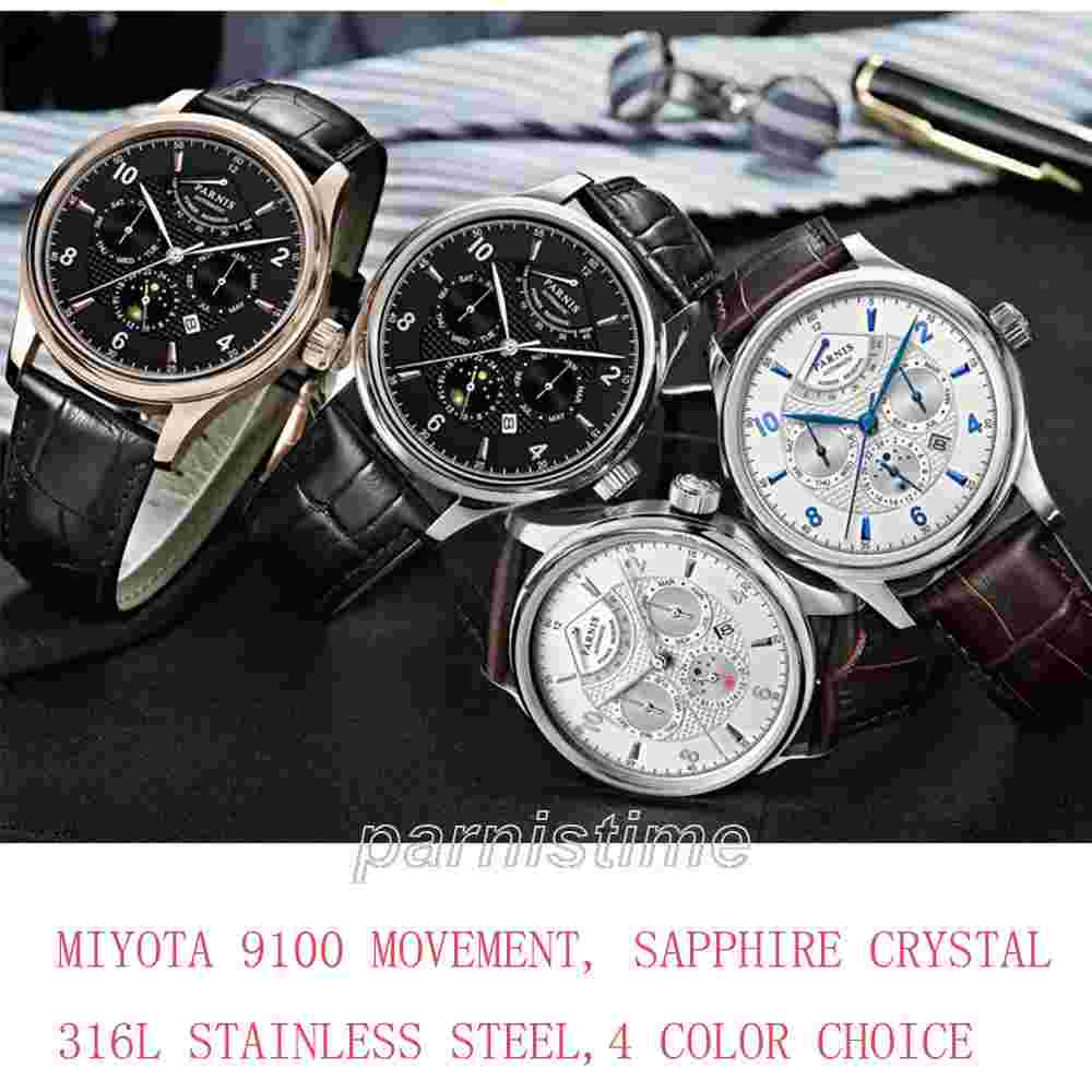43mm Parnis Miyota Power Reserve Automatic Men's Watch Month Date Day 24-hours