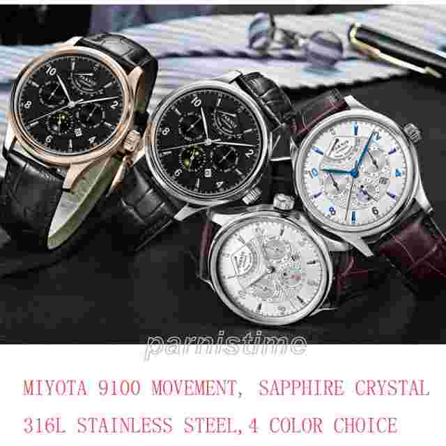 43mm Parnis Miyota Power Reserve Automatic Men's Watch Month Date Day 24-hours