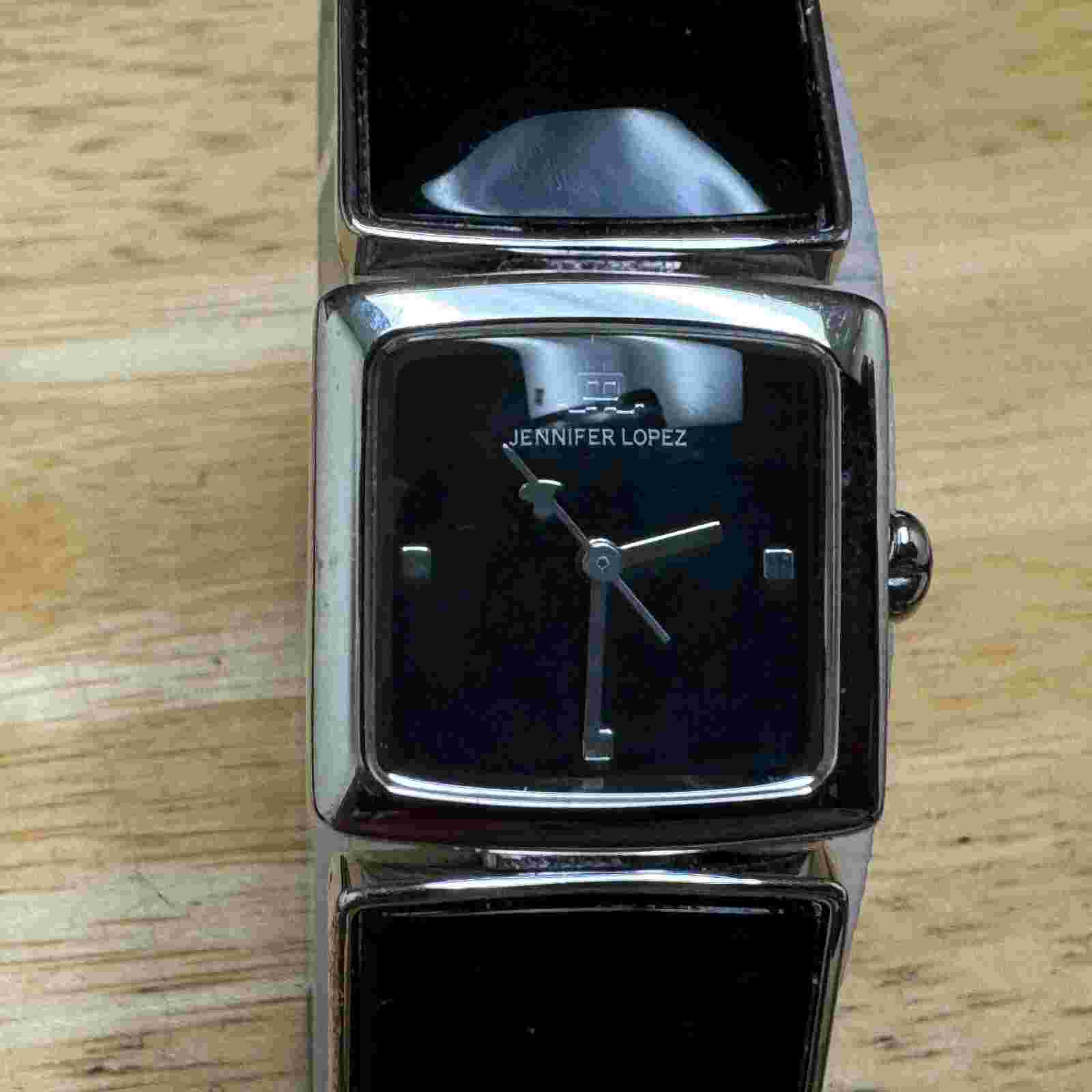 Jennifer Lopez Quartz Watch Women Silver Steel Black Square Cuff New Battery