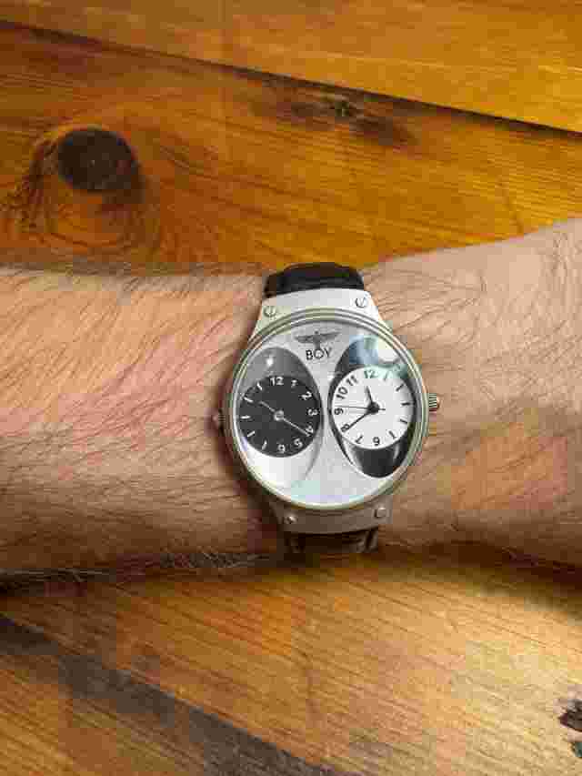 Boy London Silver Tone Black & White Dual Time Quartz Watch New Battery Leather