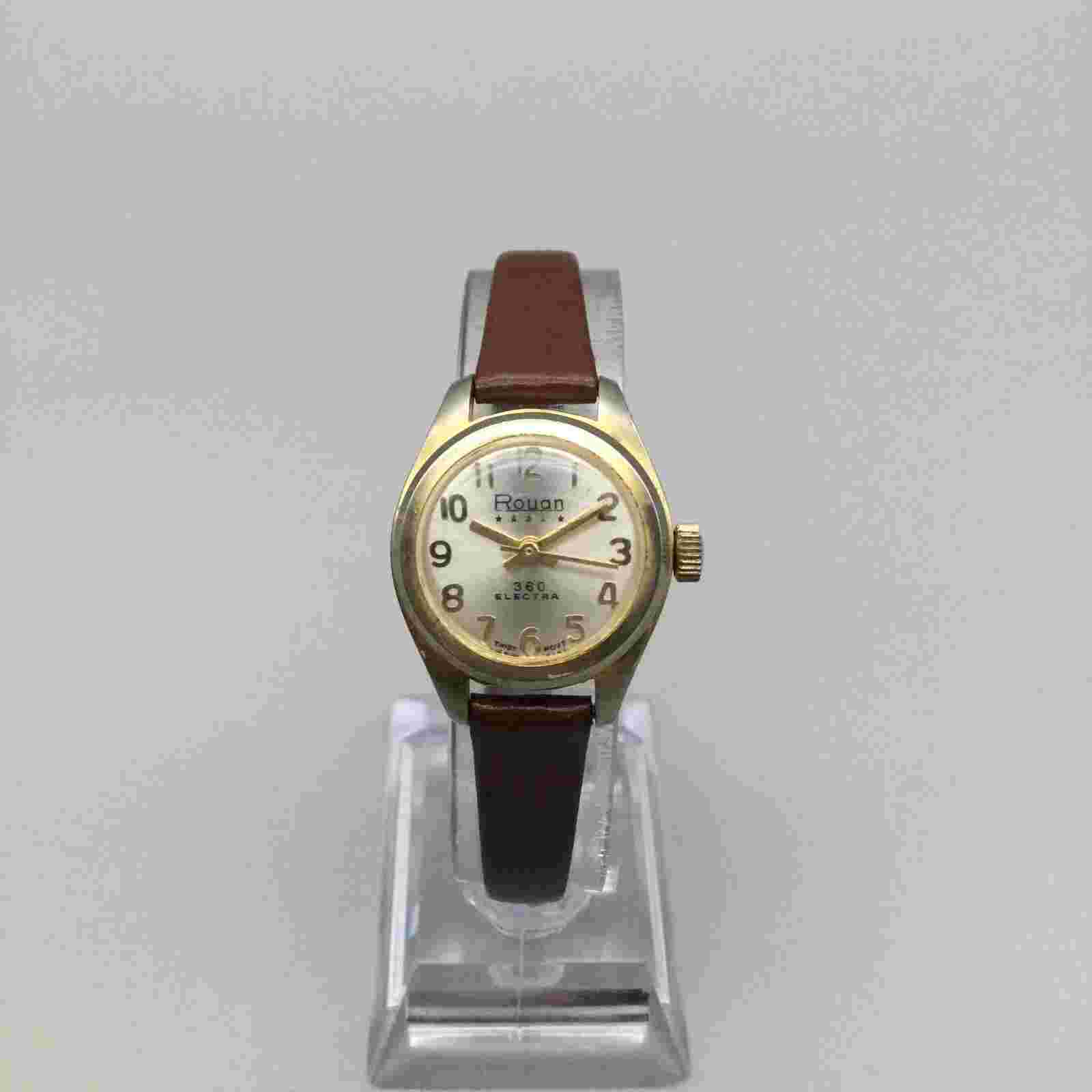 Vtg Roan 360 Electra Watch Women 23mm Gold Tone Brown Leather Band Manual Wind