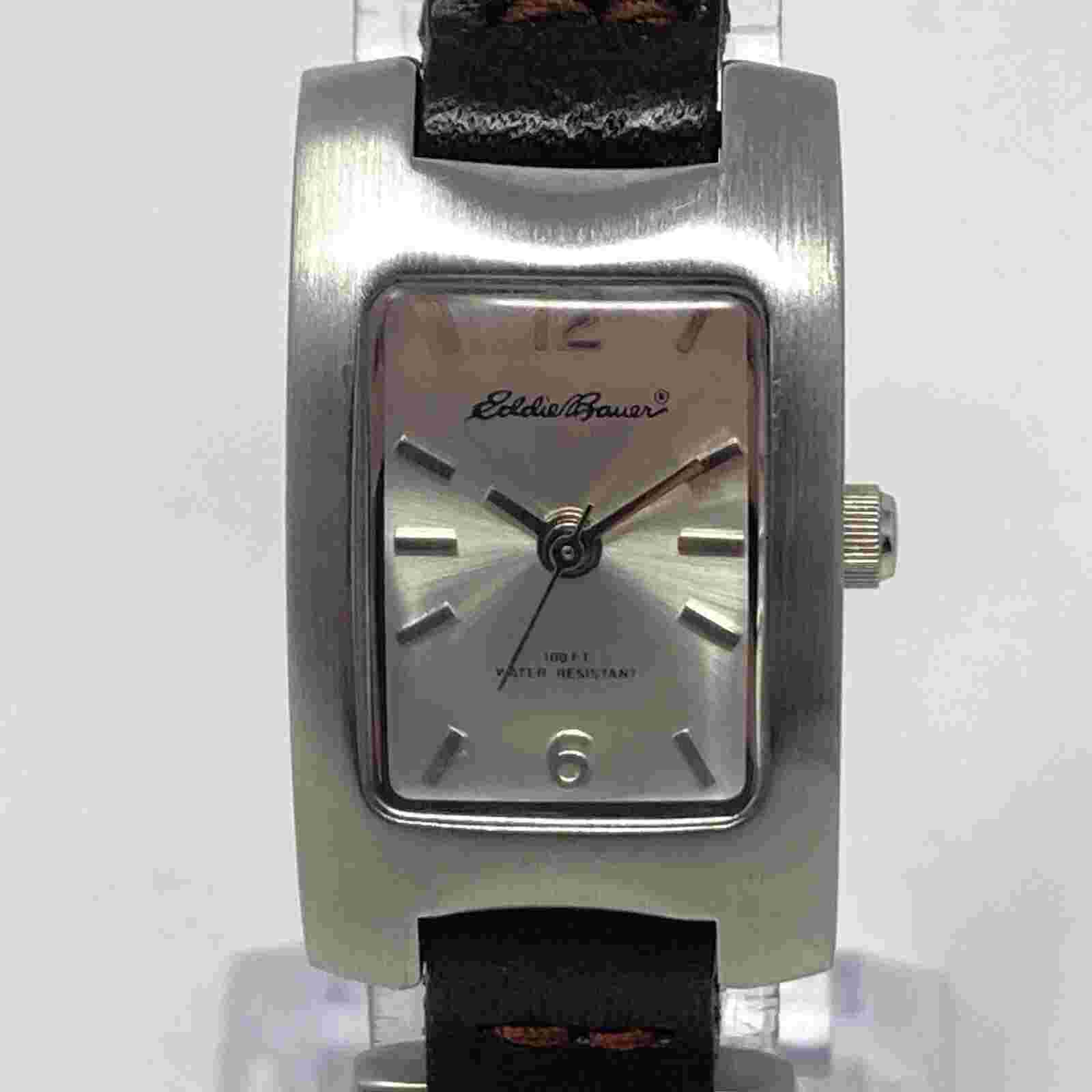Eddie Bauer Tank Watch Women 19mm Silver Tone Brown Leather 30M New Battery 8"