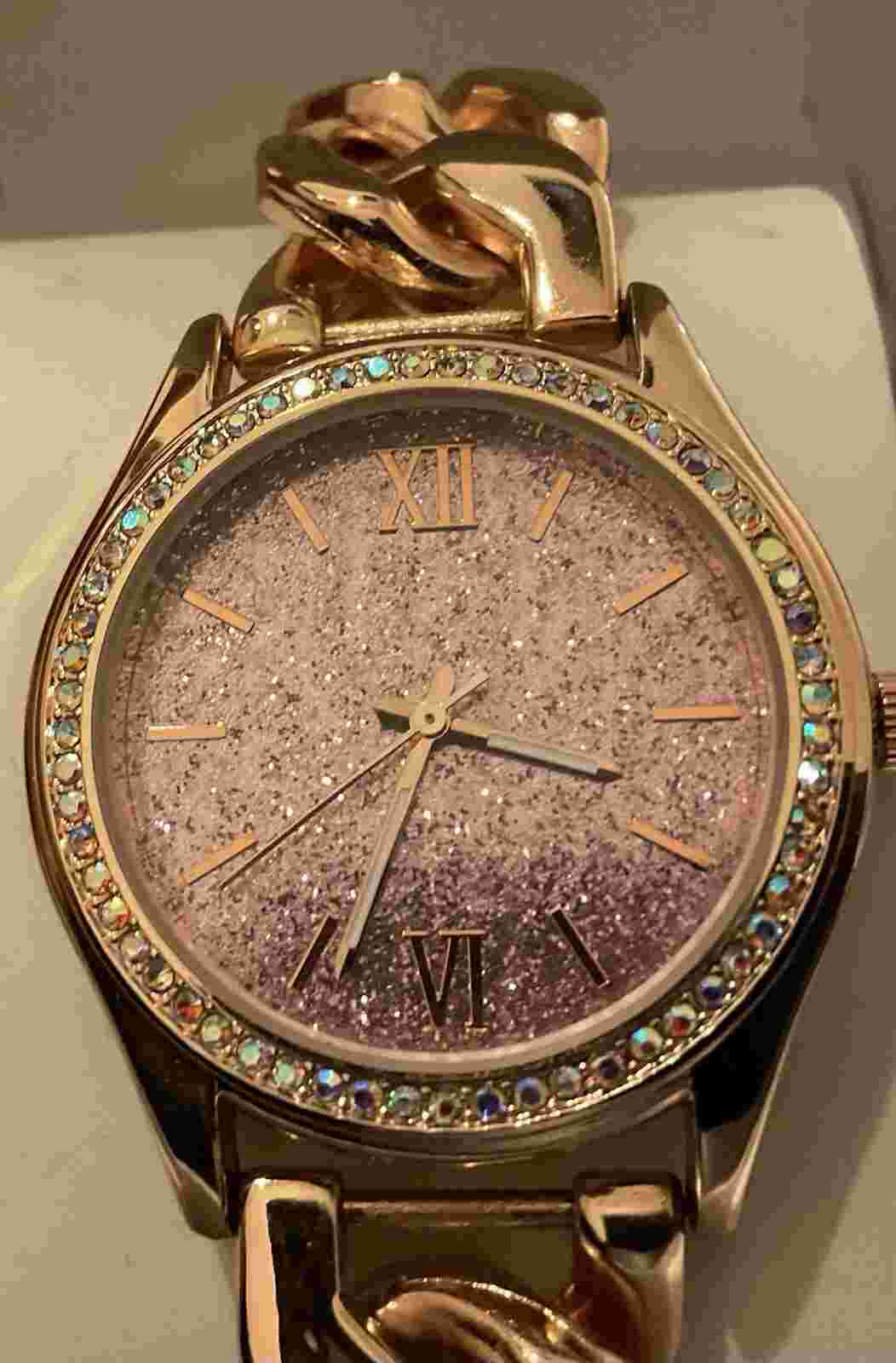 INC Ladies Gemmed / Sparkle Quartz Watch 34mm Round Rose Gold Tone Bracelet Band