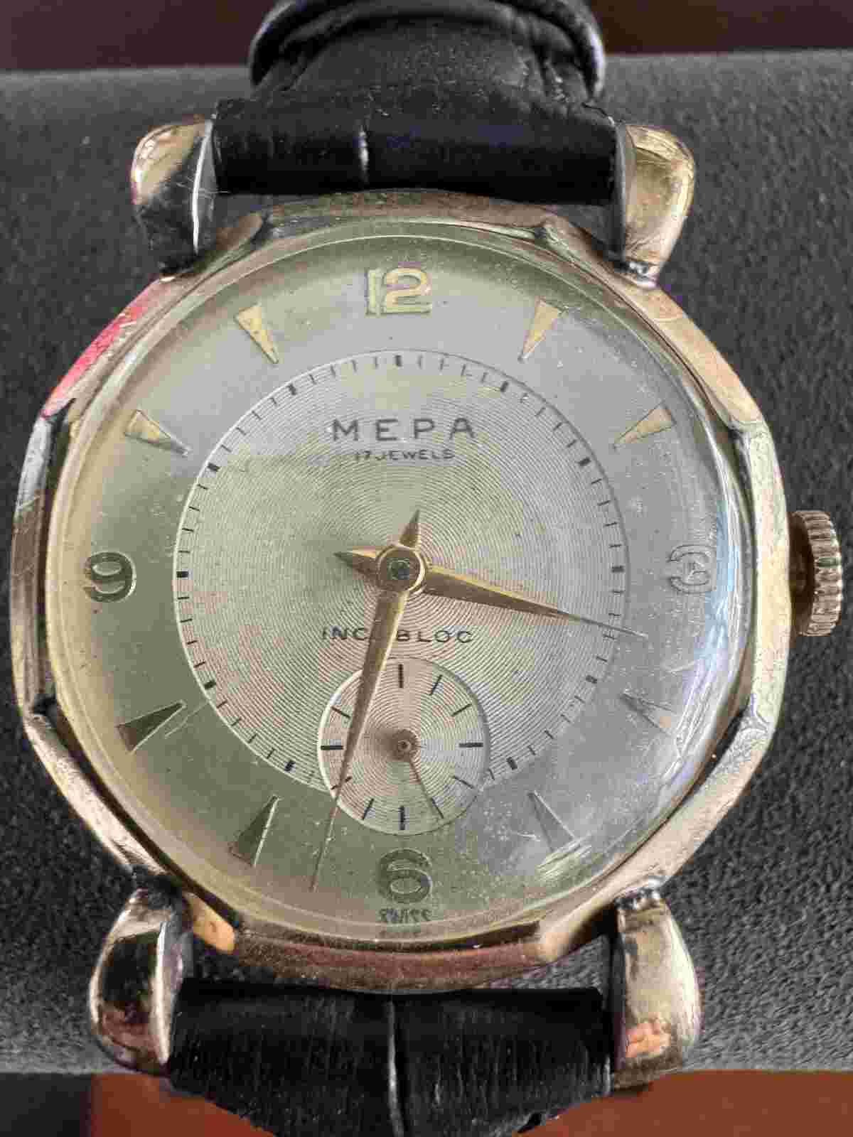 VINTAGE MEN'S MEPA WRIST WATCH CAL. 1002 KEEPING TIME COOL CASE AND BEEFY LUGS