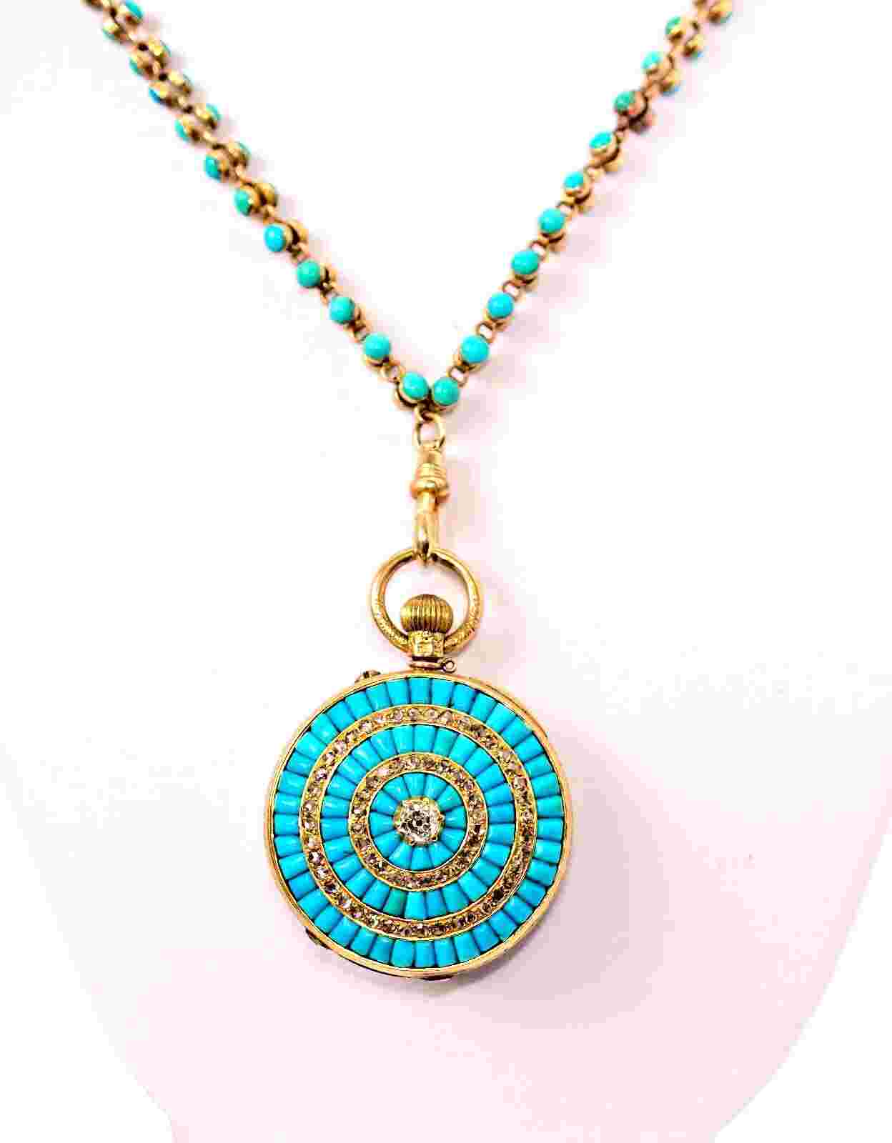 Antique GP Wehlan& Co 18k Y Gold Turquoise Rose Cut Diamond Pocket Watch Pendant