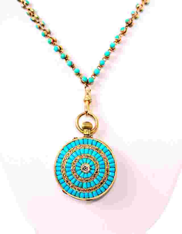 Antique GP Wehlan& Co 18k Y Gold Turquoise Rose Cut Diamond Pocket Watch Pendant