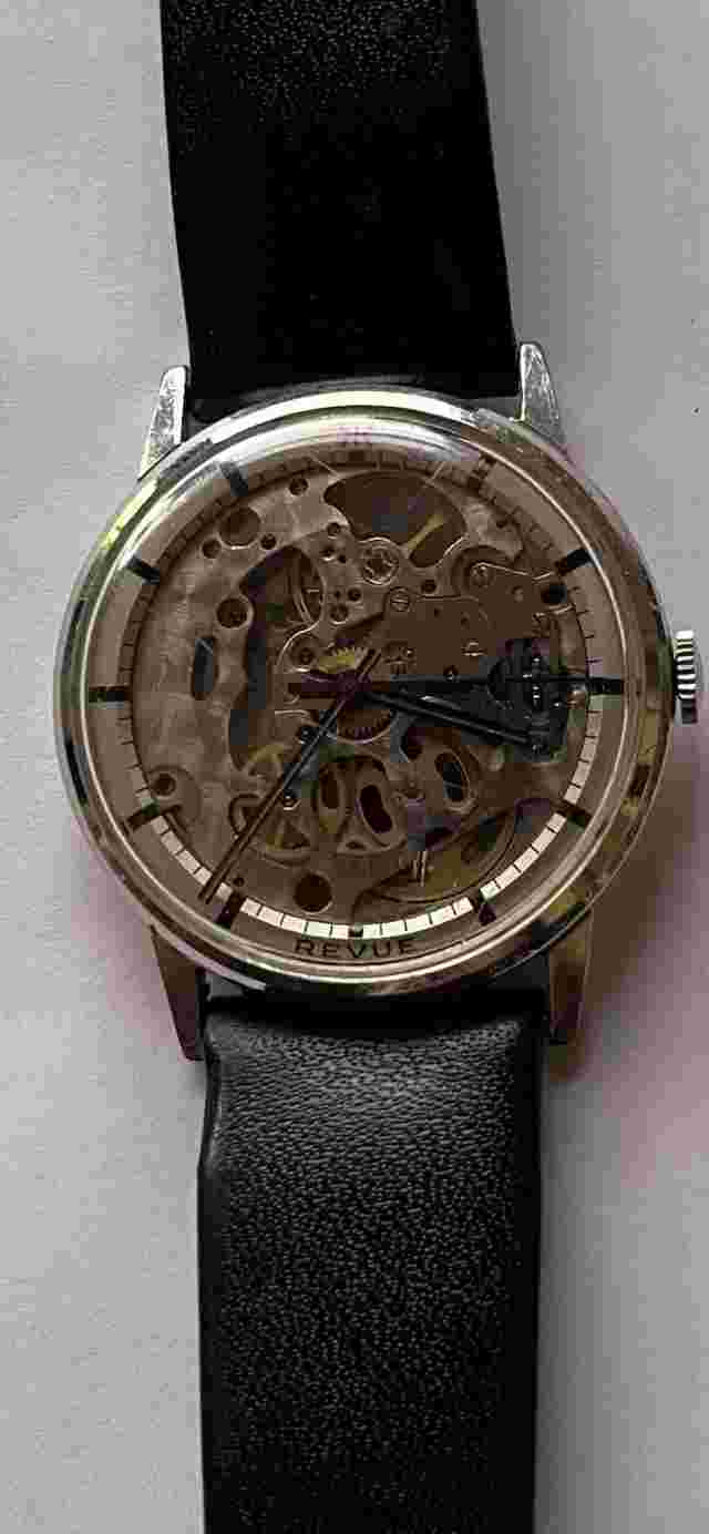 Unique 1970’s Swiss Revue 17 Jewel Skeleton Watch Clear Front And Back Unusual