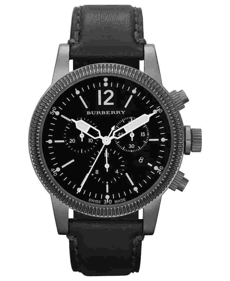 Burberry Watch Swiss Chronograph Black Leather Strap 42mm BU7813