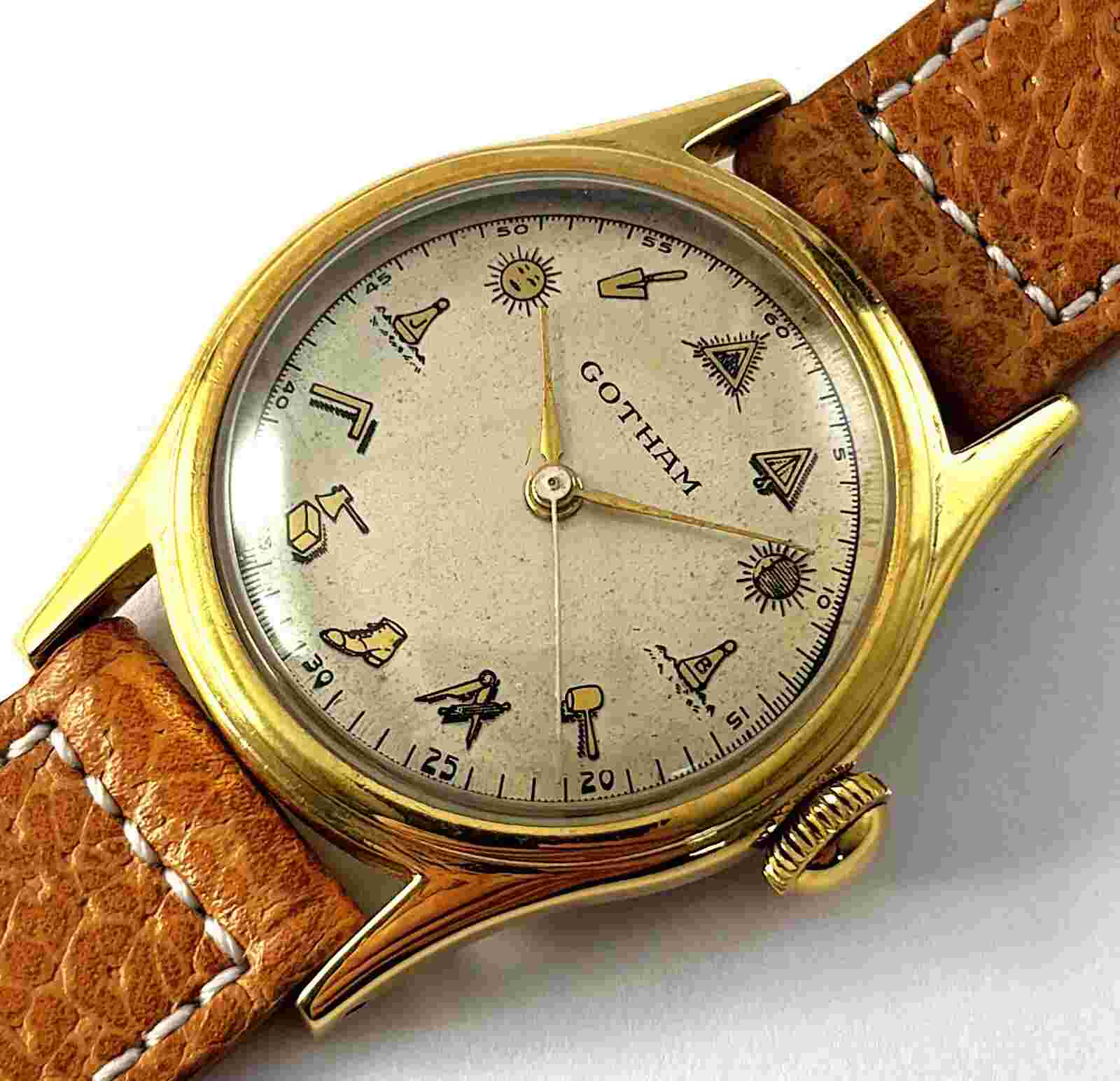 Vintage Gotham Freemason Masonic Dial Gold Tone Mens Watch Hand Wind 17J 1940s