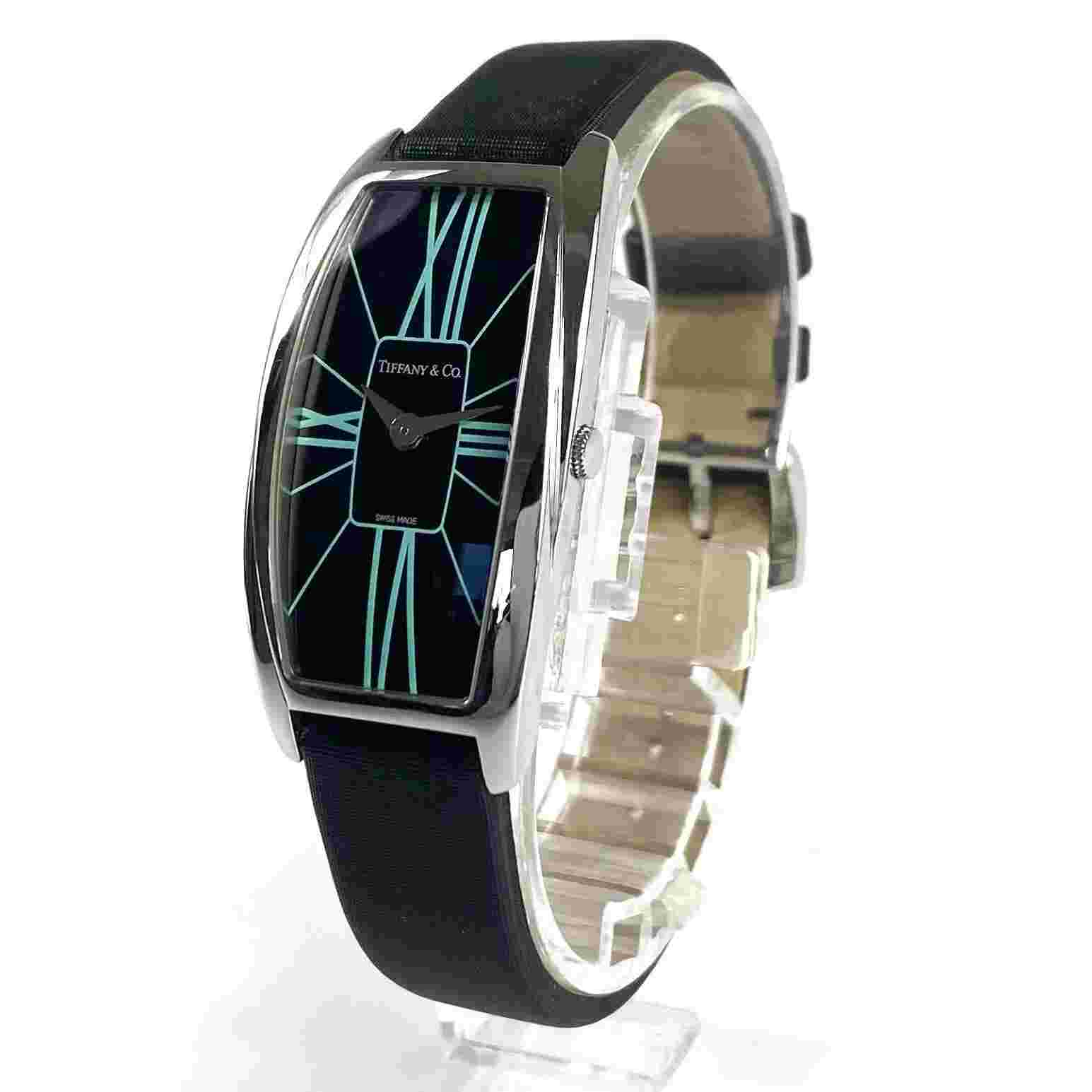 Tiffany Co. Gemea T3057 Quartz 2 Hands Black Leather Belt Women