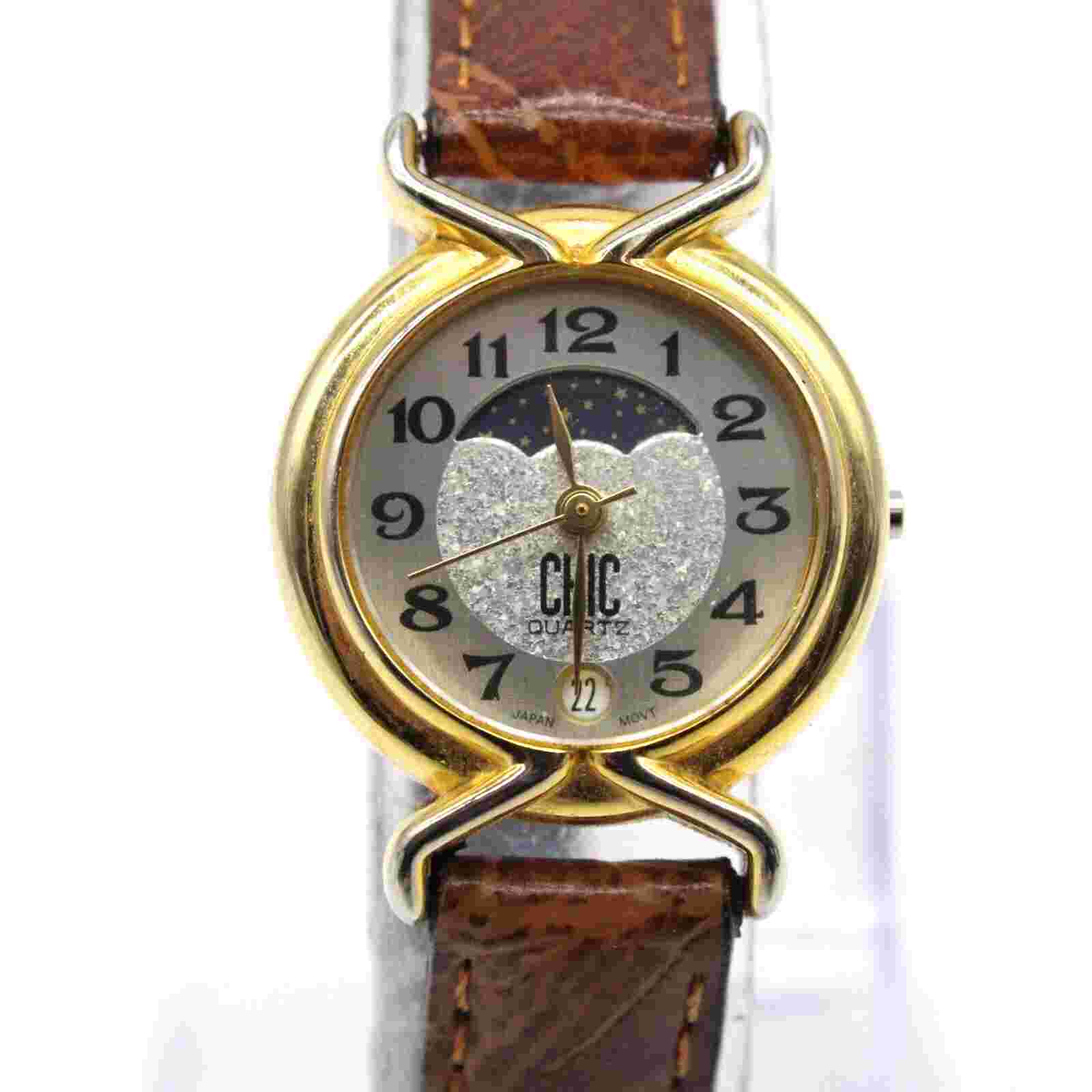 Vintage CHIC Moonphase Watch Womens Gold Tone Stainless Steel Classic Quartz