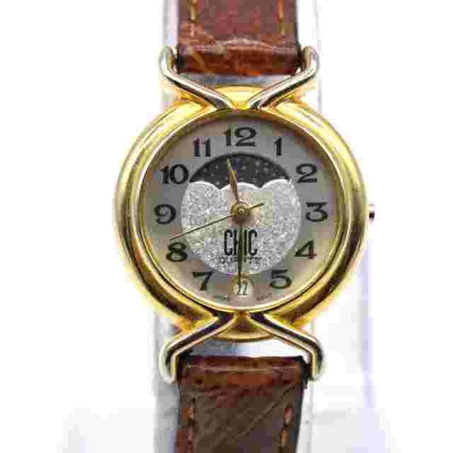 Vintage CHIC Moonphase Watch Womens Gold Tone Stainless Steel Classic Quartz