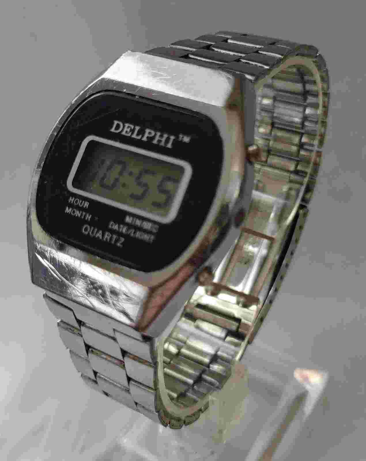 Vintage Delphi Wrist Watch Men Silver Black Digital Quartz Date Light Steel Band
