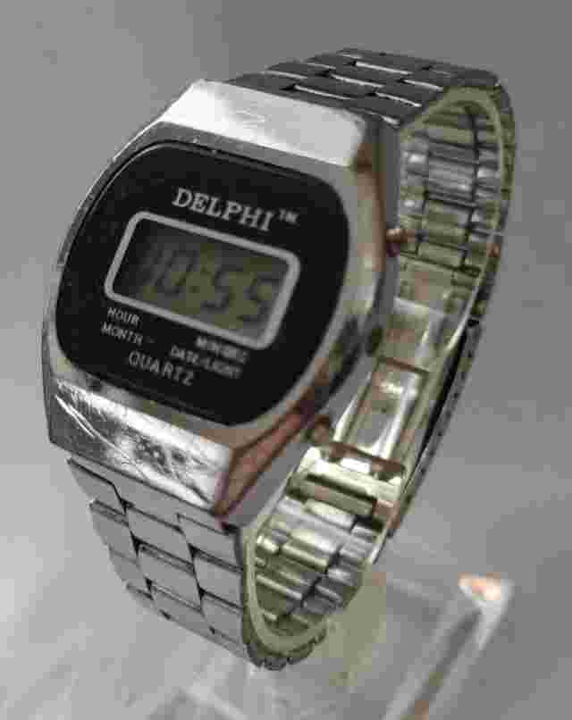 Vintage Delphi Wrist Watch Men Silver Black Digital Quartz Date Light Steel Band