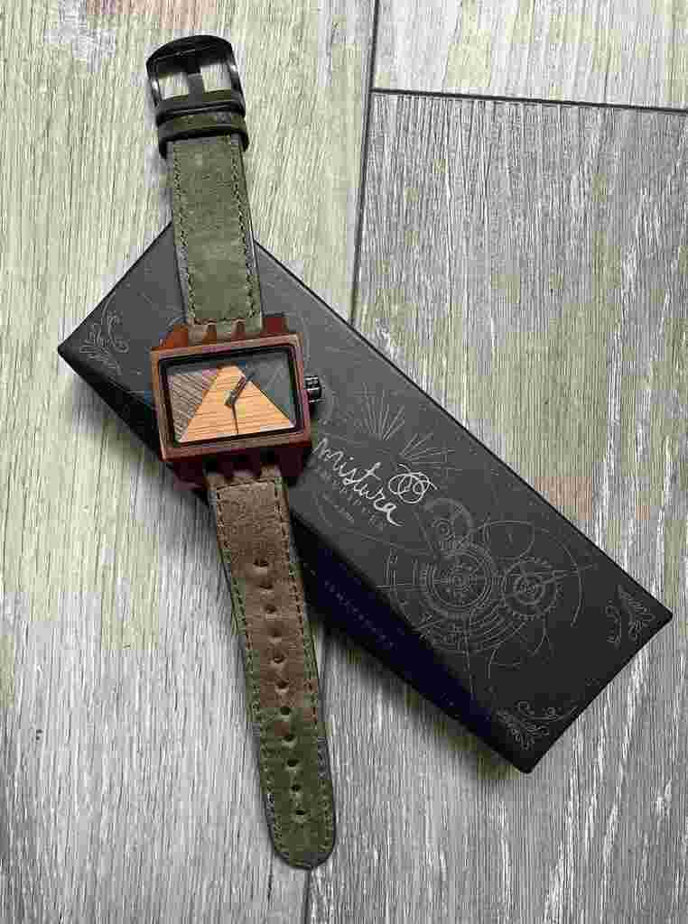 Mistura Lenzo Handmade Watch Teak Wood Pui Dial Dark Olive Green Leather Strap