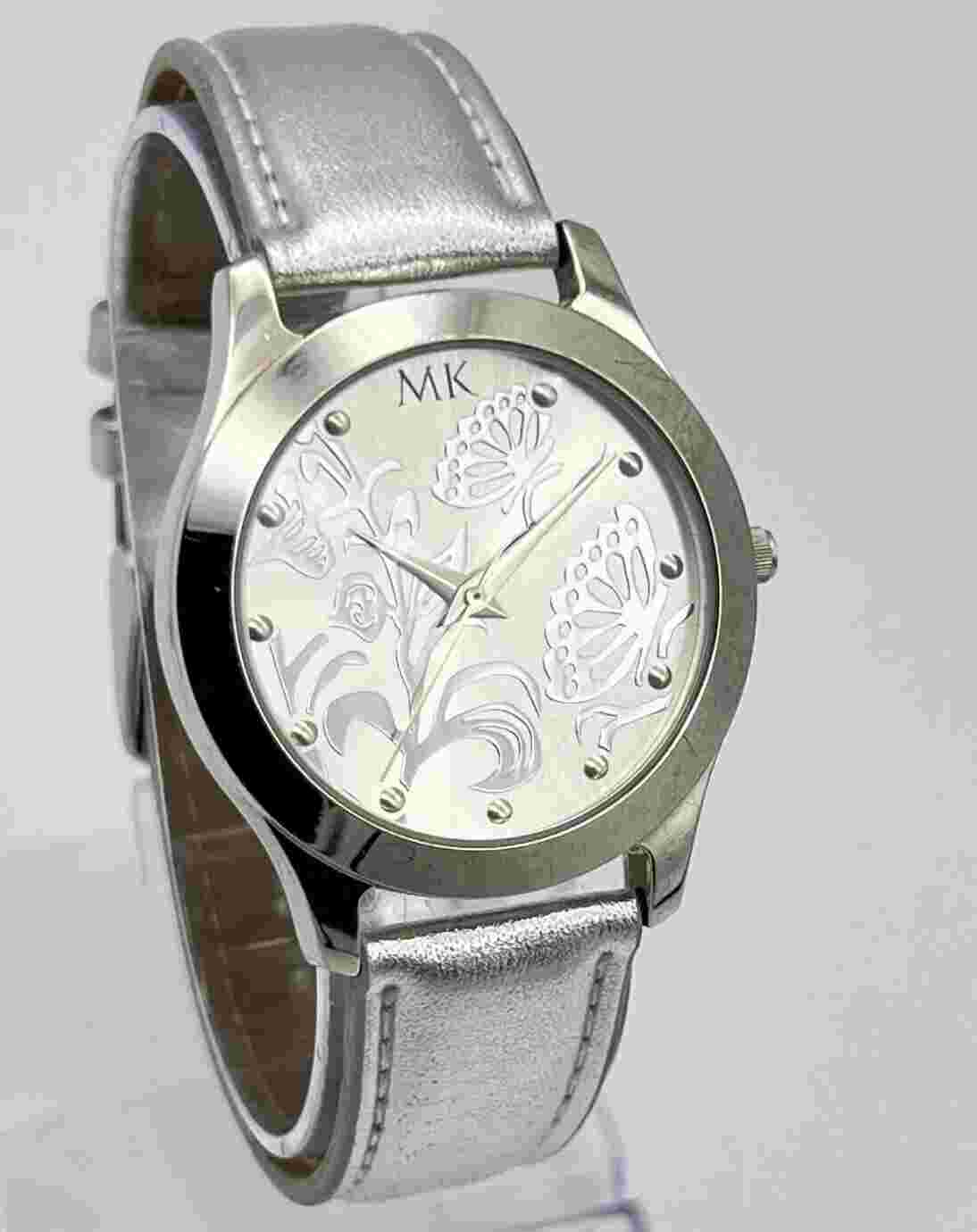 Women's MARY KAY Silver Tone Floral/Butterfly Dial Watch, Leather Band, 36mm