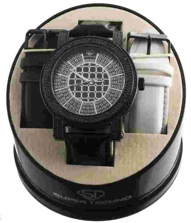 Super Techno M-9000 Men's Diamond Black & Silver Dial Leather Band Watch
