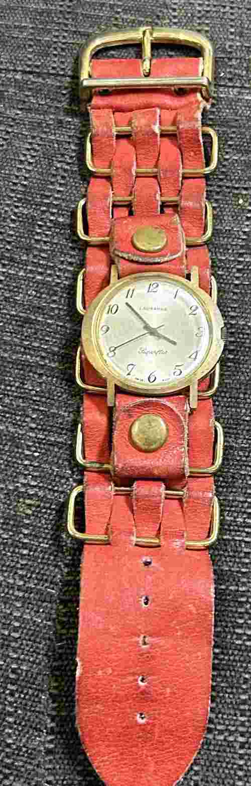 Rare Lausanne Superflat Watch - Works Beautifully!  Cool Red Leather Band