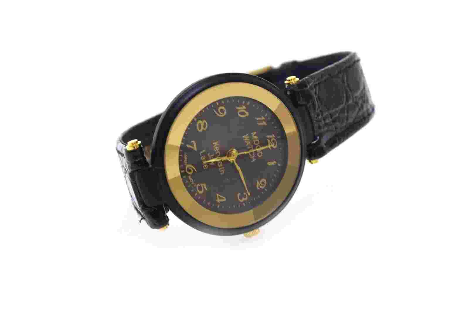 Kenneth Jay Lane Mood Watch Black Leather Band Women's
