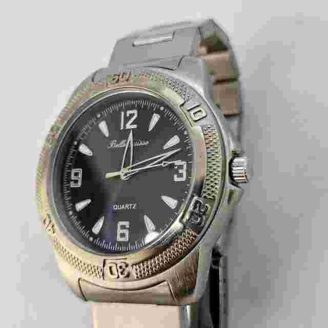 Belle Suisse Men Watch Black Dial Gray Tone Bracelet Mineral Crystal 8" NEW BATT