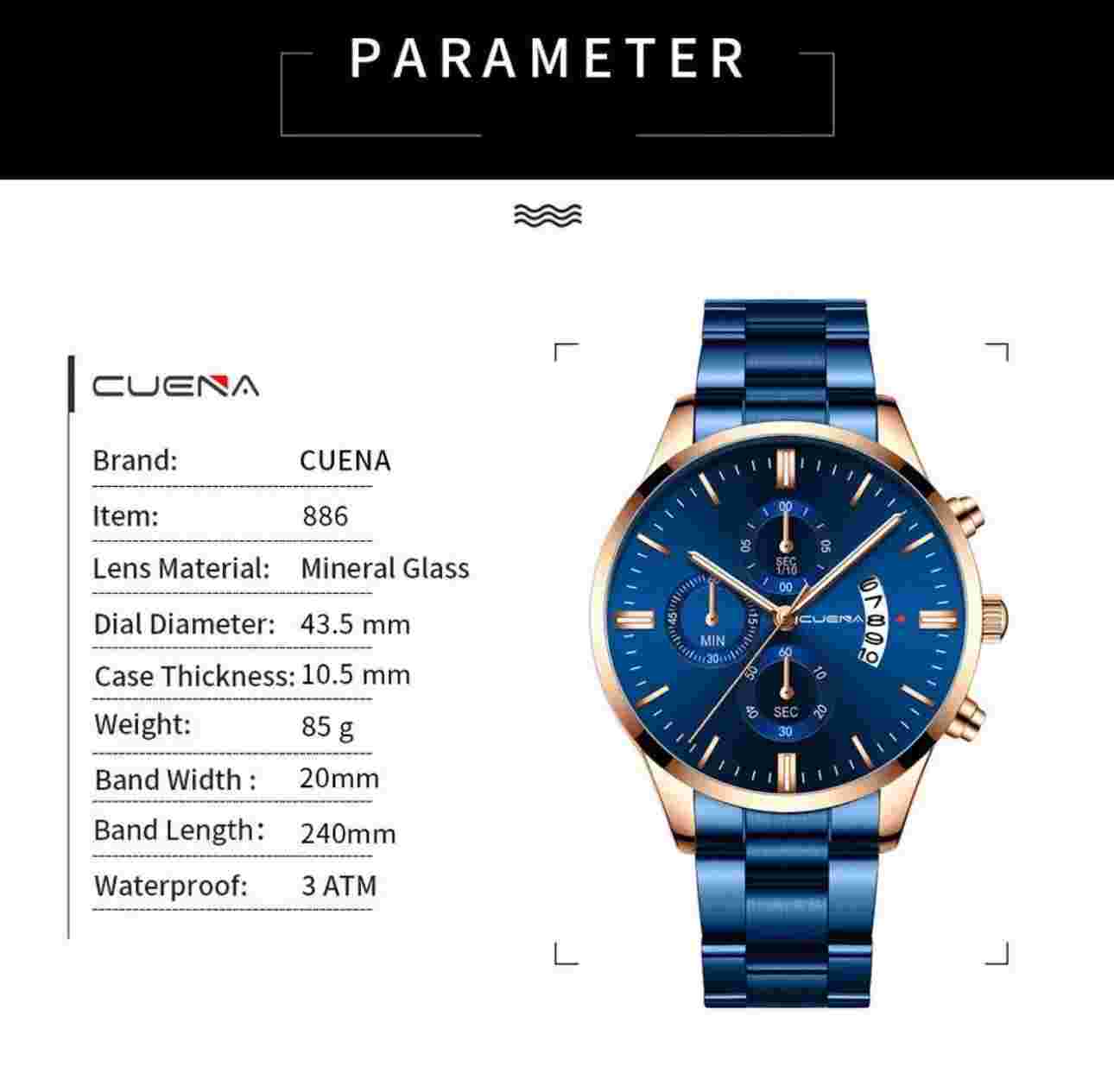 Blue Men's Watch Relojes De Hombre Stainless Steel Quartz Luminous Classic