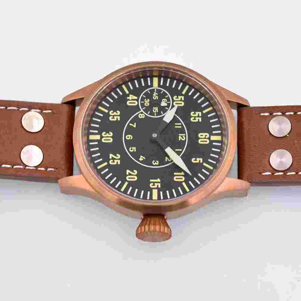 43mm Corgeut Brass Plated Case Black Dial Sapphire 6497 Hand Winding Men's Watch