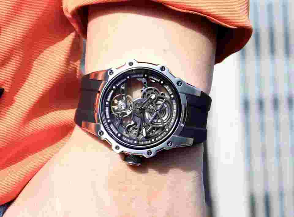 Luxury MEGIR Men's Skeleton Automatic Watch Stainless Steel Silver Black