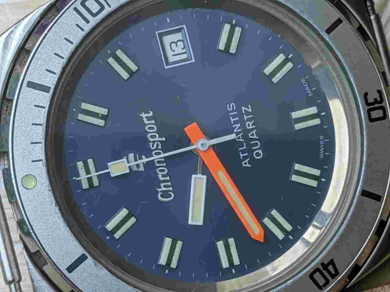 Vintage Chronosport Atlantis 20 ATM Diver w/Blue Dial,Patina,Brevet All SS Case