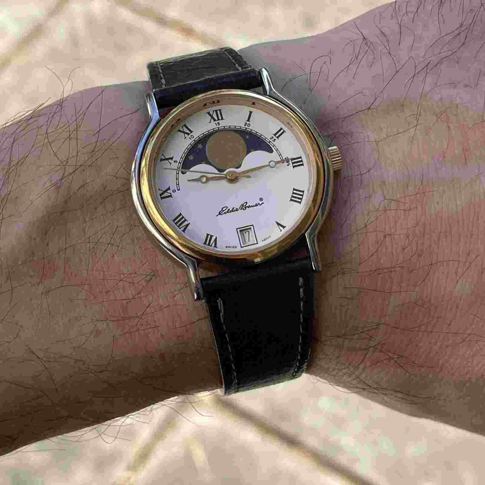 Eddie Bauer Vintage Moonphase Watch Swiss Ronda Harley Movement Leather Date