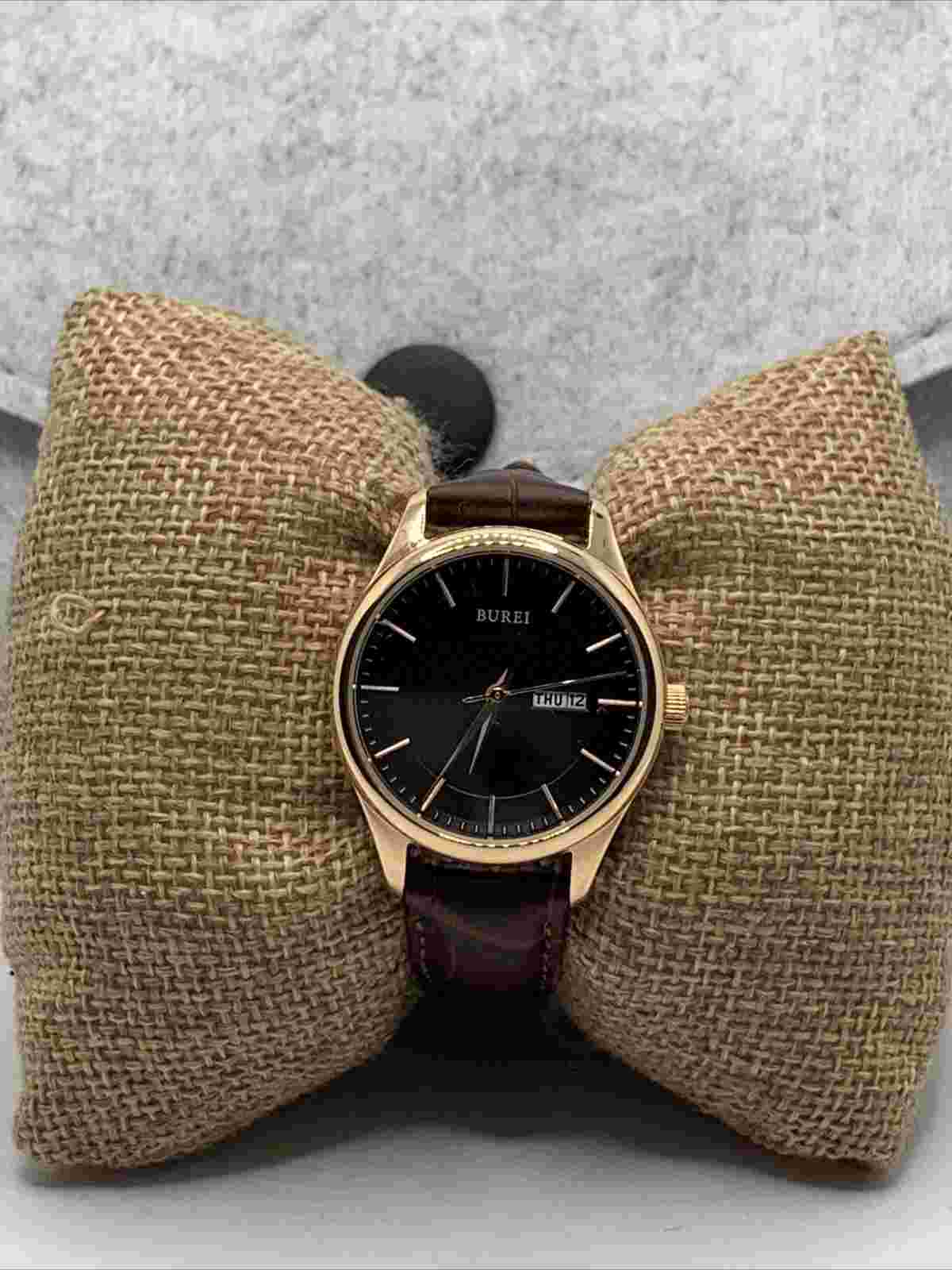 Burei S-13001L Men's Brown Leather Analog Dial Quartz Genuine Wrist Watch FRY196