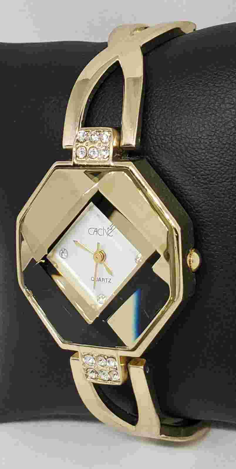 Ladies Cache Dress Gold Tone Crystal Accented Analog Quartz Watch B2