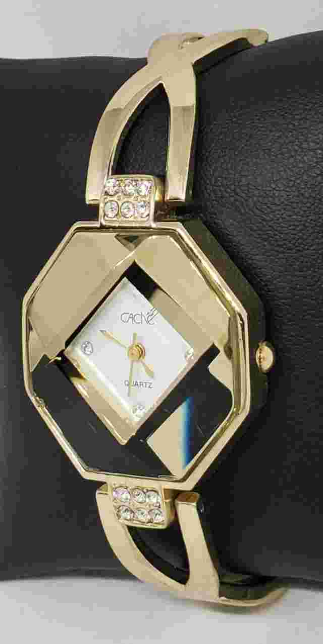 Ladies Cache Dress Gold Tone Crystal Accented Analog Quartz Watch B2