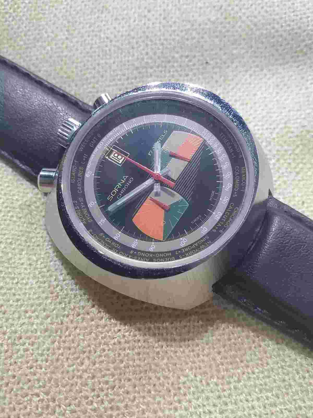 70s Sorna Two Registers Top Pusher Men Chronograph