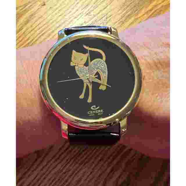 Cenere Sparkly Cat Ladies Round Gold Watch with Genuine Blk Leather Band Buckle