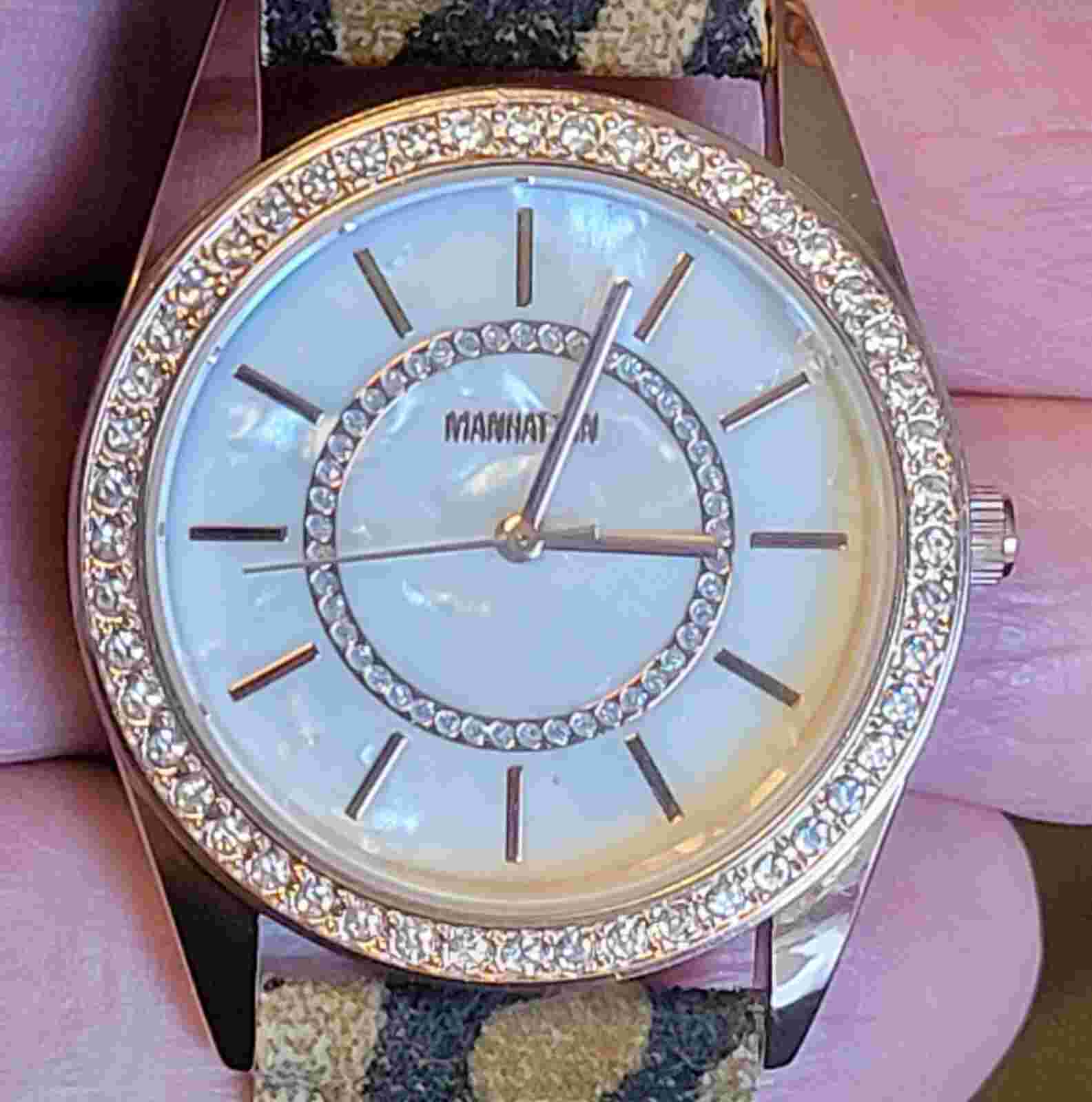 Manhattan By Croton Animal Print Leopard Crystal Accents Pave Oversized Watch