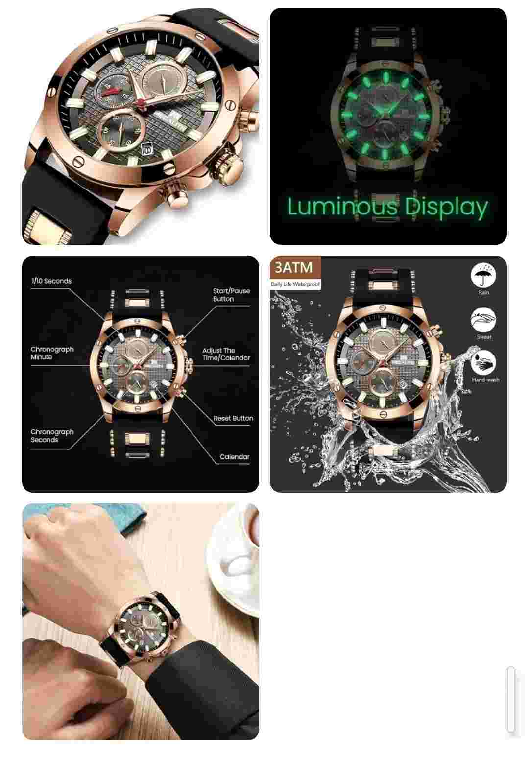 Megalith Luxury Mens Watch Chronograph Waterproof Calendar Date Quartz UK