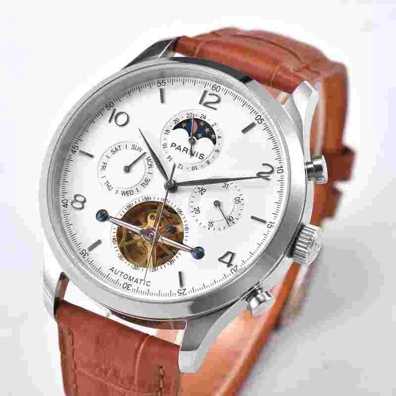 43mm Parnis White Dial Moon Phase Leather strap flywheel Automatic Mens Watch 1