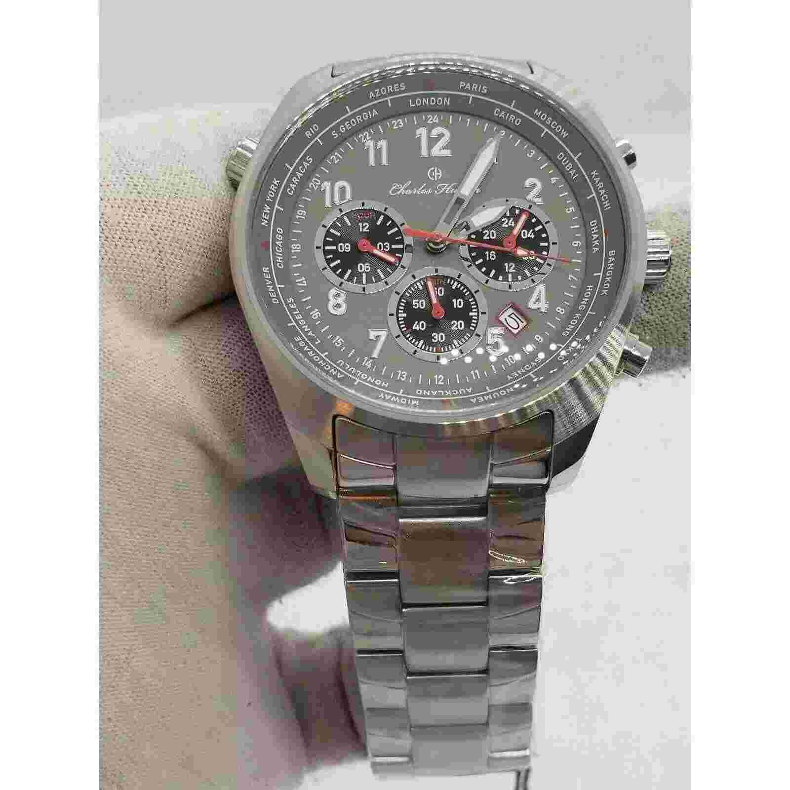 Charles Hutton Aristocrat Dual Time Grey Dial Steel Men's Watch $285 MSRP