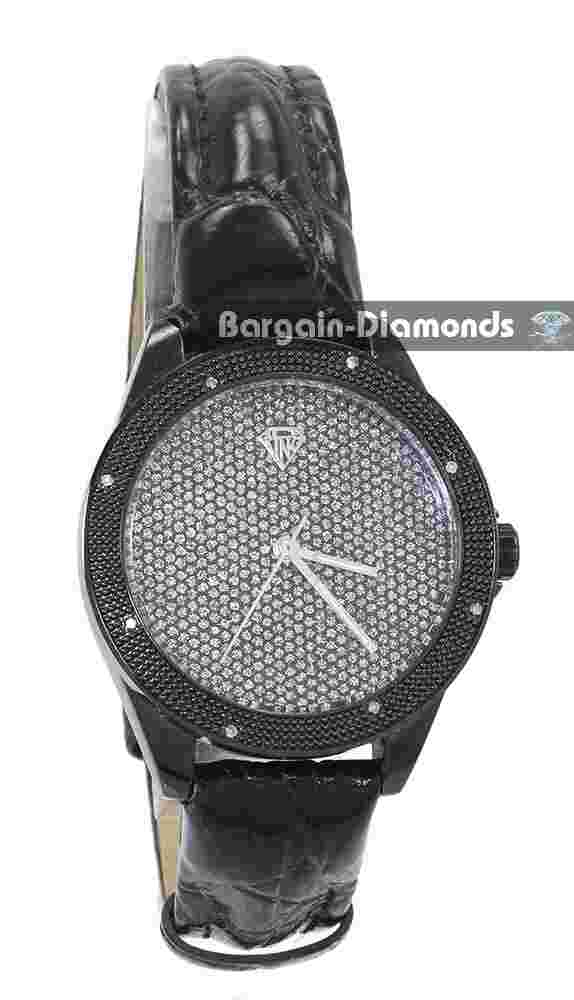 Ladies Natural Diamond Black Clubbing Watch Bling Dial Silver Hands to 9" Strap
