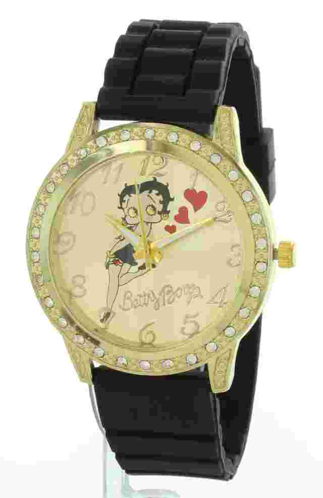 Vintage Betty Boop Ladies Watch Black Silicon Band Stone Bezel Easy To Read 42mm