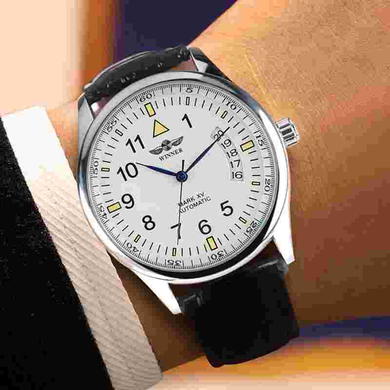 Winner Men's Automatic Watches Black/White Luminous Dial Leather Band Wristwatch