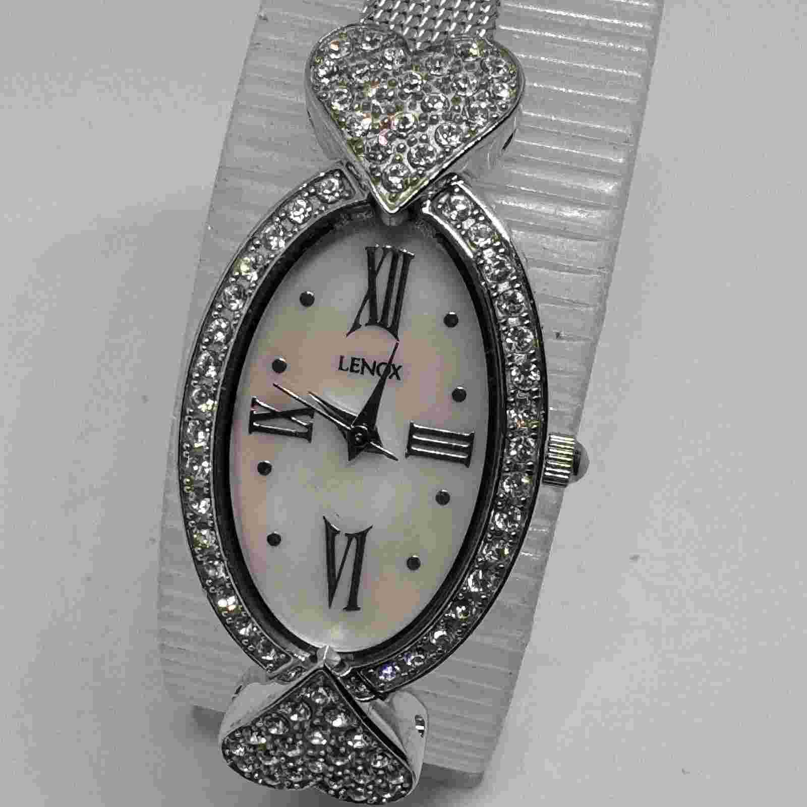 Lenox Quartz Watch Women Silver Rhinestone Curved Oval Japan Analog New Battery